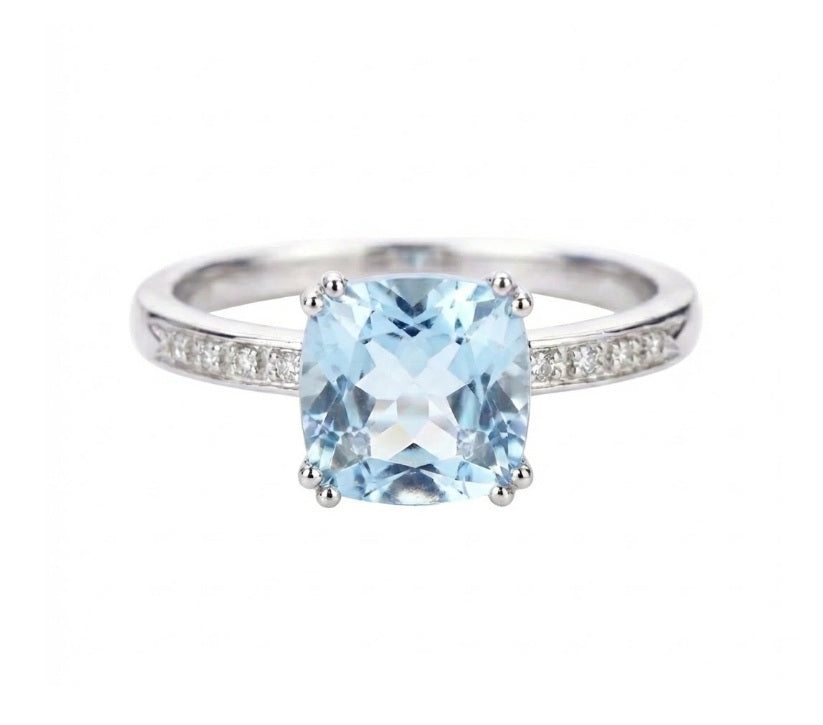 Madison L | Cushion Blue Topaz & Diamond Ring | 14K White Gold | Cushion Cut Center | Diamond Accents - Brownee Jewelers