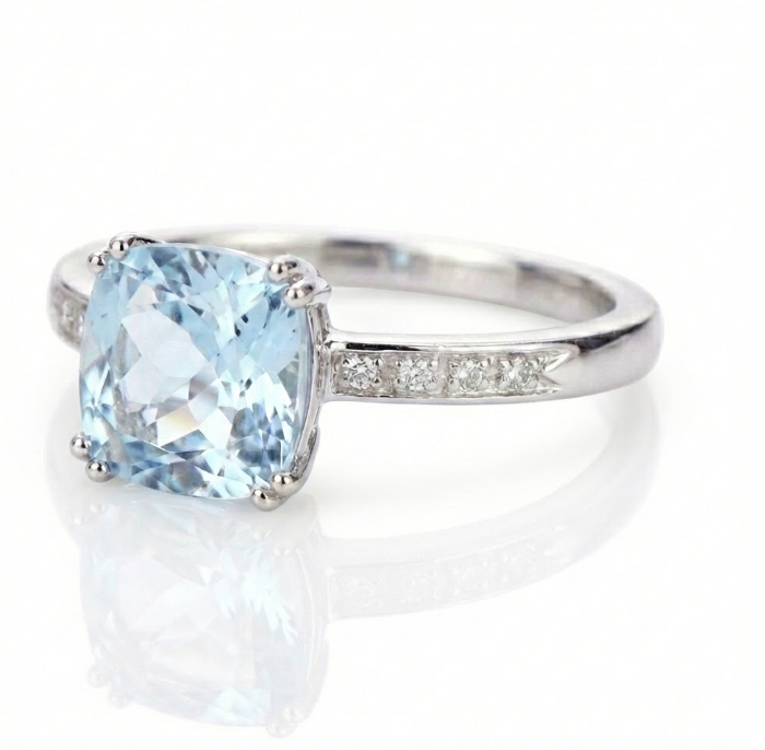 Madison L | Cushion Blue Topaz & Diamond Ring | 14K White Gold | Cushion Cut Center | Diamond Accents - Brownee Jewelers