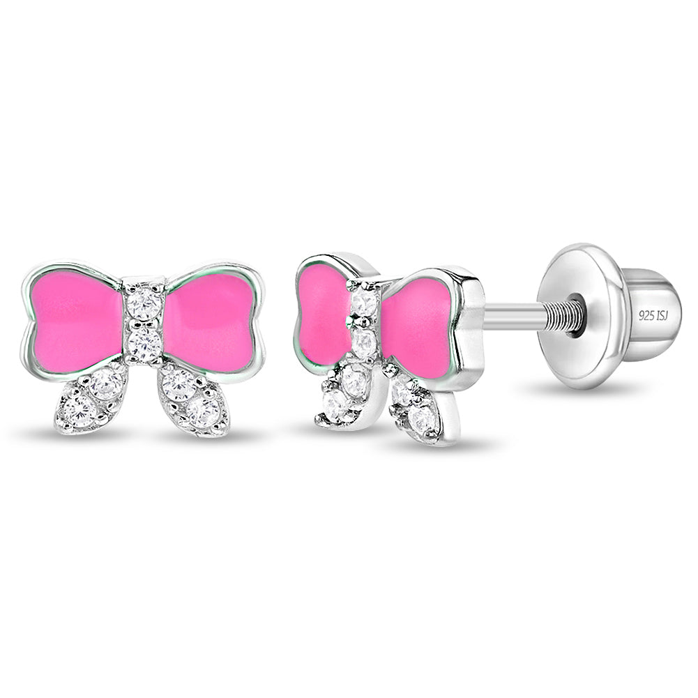 8 mm x 5 mm Sterling Silver Pink Enamel Bow Children's Stud Earrings with Screw Backs