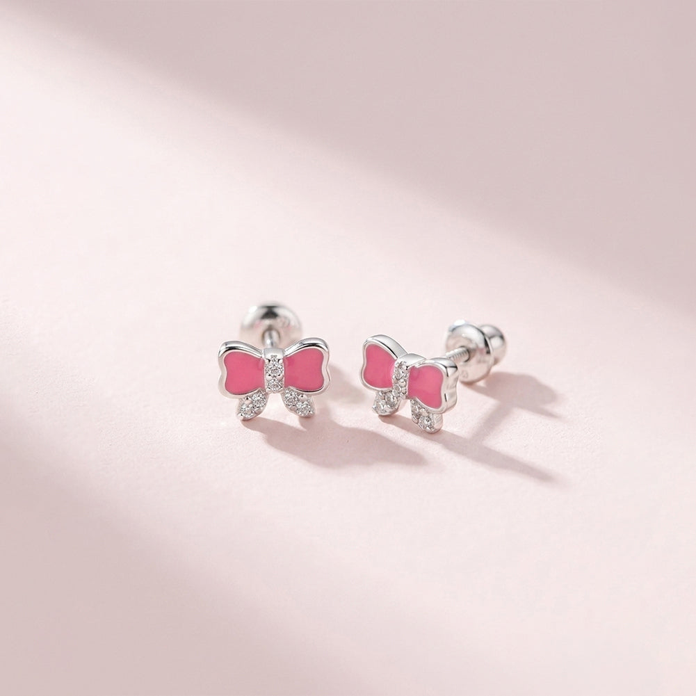 8 mm x 5 mm Sterling Silver Pink Enamel Bow Children's Stud Earrings with Screw Backs