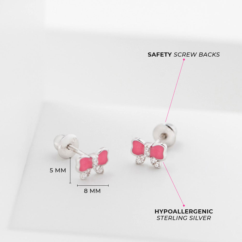 8 mm x 5 mm Sterling Silver Pink Enamel Bow Children's Stud Earrings with Screw Backs