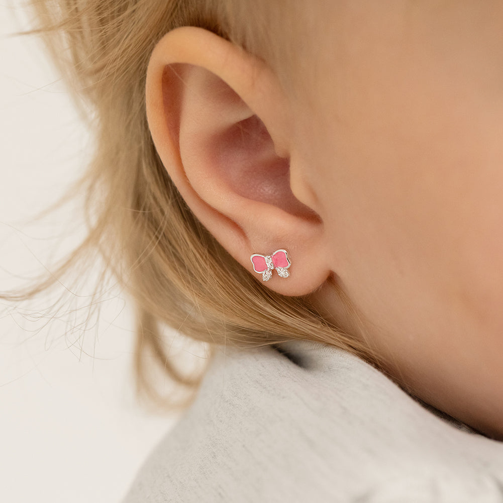 8 mm x 5 mm Sterling Silver Pink Enamel Bow Children's Stud Earrings with Screw Backs