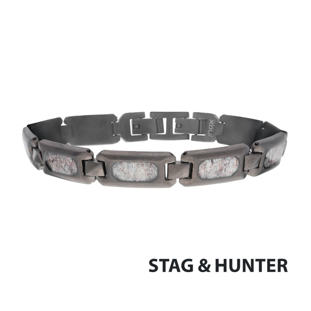 Matte Finish Gun Metal IP Deer Antler Inlay Link Bracelet