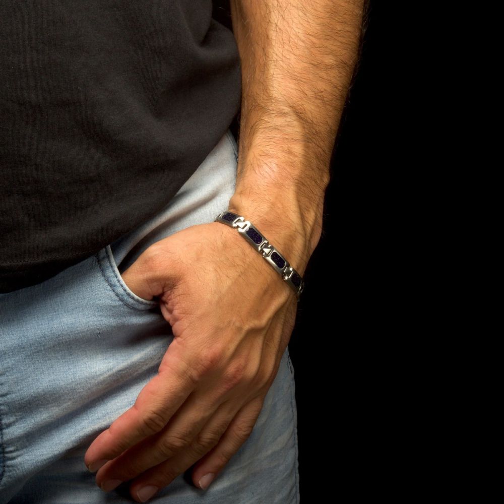 Matte Finish Stainless Steel Genuine Blue Sandstone Inlay Link Bracelet