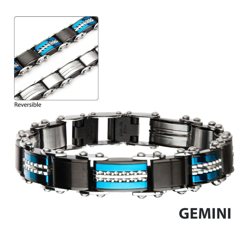 Double Sided Stainless Steel Black IP & Blue IP Reversible Bracelet