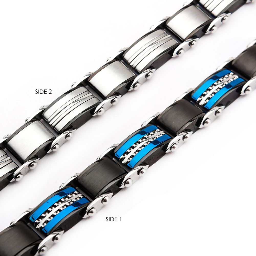 Double Sided Stainless Steel Black IP & Blue IP Reversible Bracelet