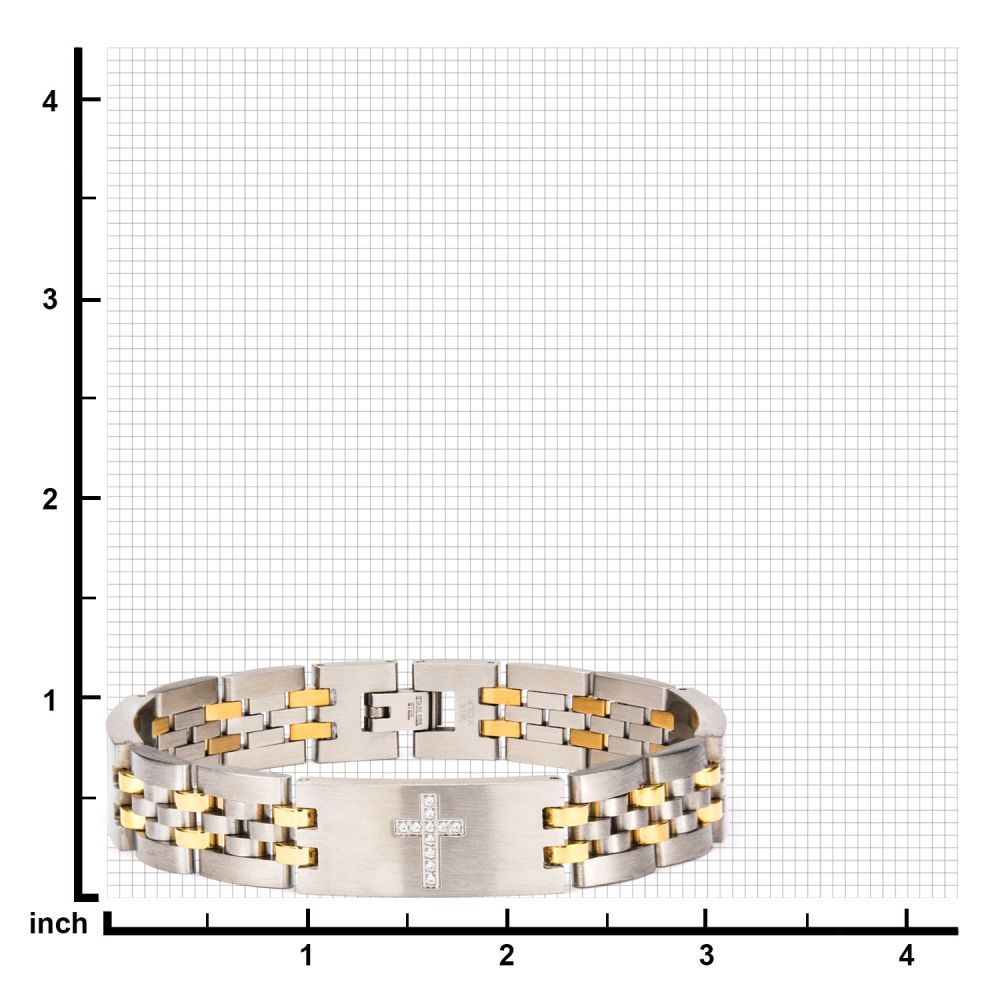 Stainless Steel Two Tone with Clear CZ Stone Cross in Steel ID Panther Link Bracelet