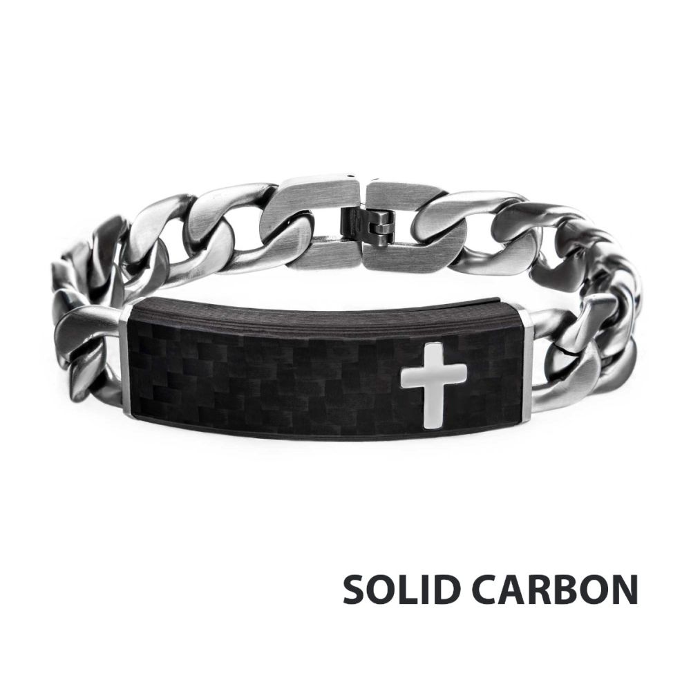 Carbon Fiber Black with Cross & Steel Adjustable Link ID Bracelet