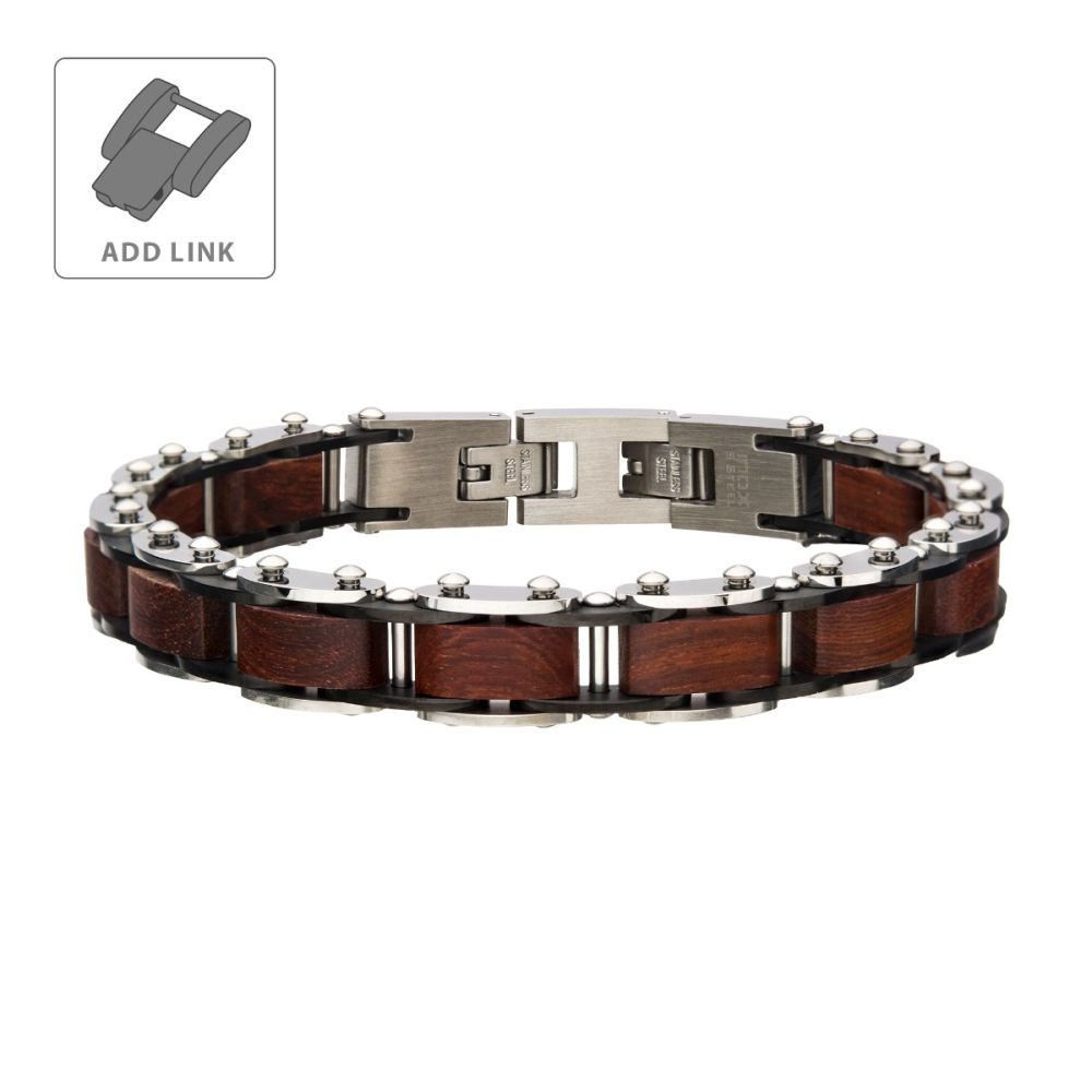Stainless Steel with Red Sandal Wood Link Bracelet 8.5"