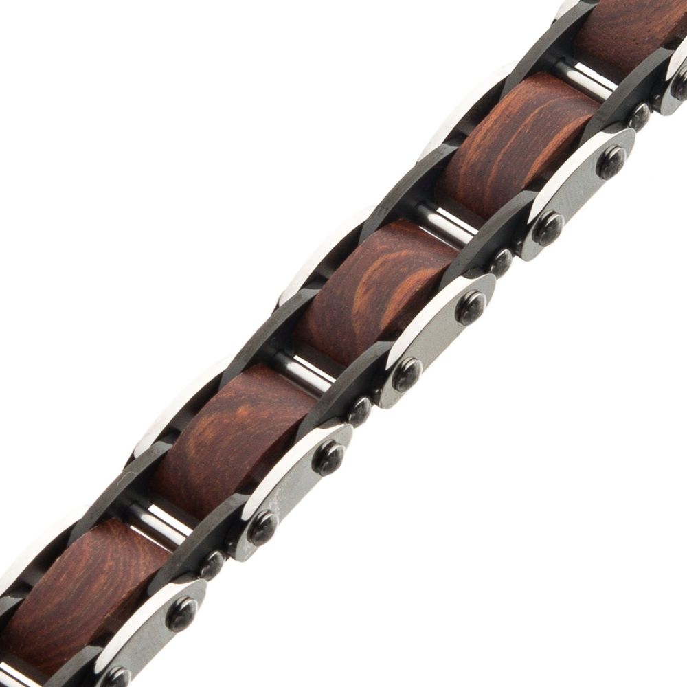 Stainless Steel with Red Sandal Wood Link Bracelet 8.5"