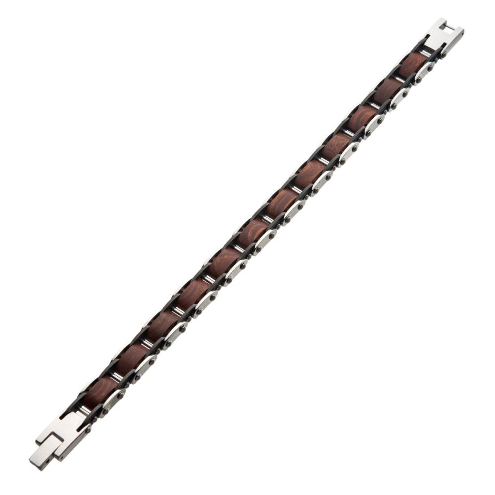 Stainless Steel with Red Sandal Wood Link Bracelet 8.5"