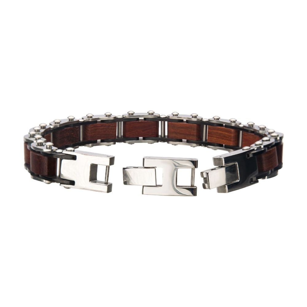 Stainless Steel with Red Sandal Wood Link Bracelet 8.5"