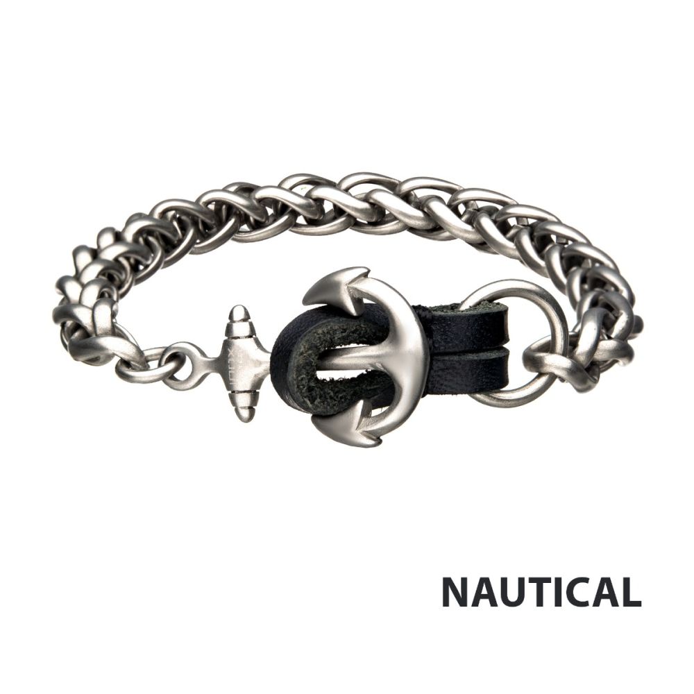 Stainless Steel & Antiqued Finish Anchor with Black Leather Chain Bracelet