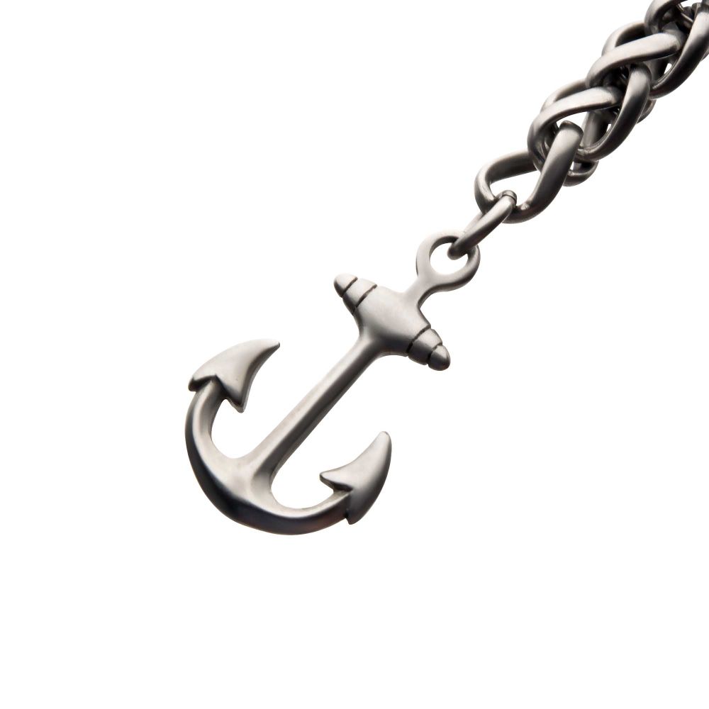 Stainless Steel & Antiqued Finish Anchor with Black Leather Chain Bracelet