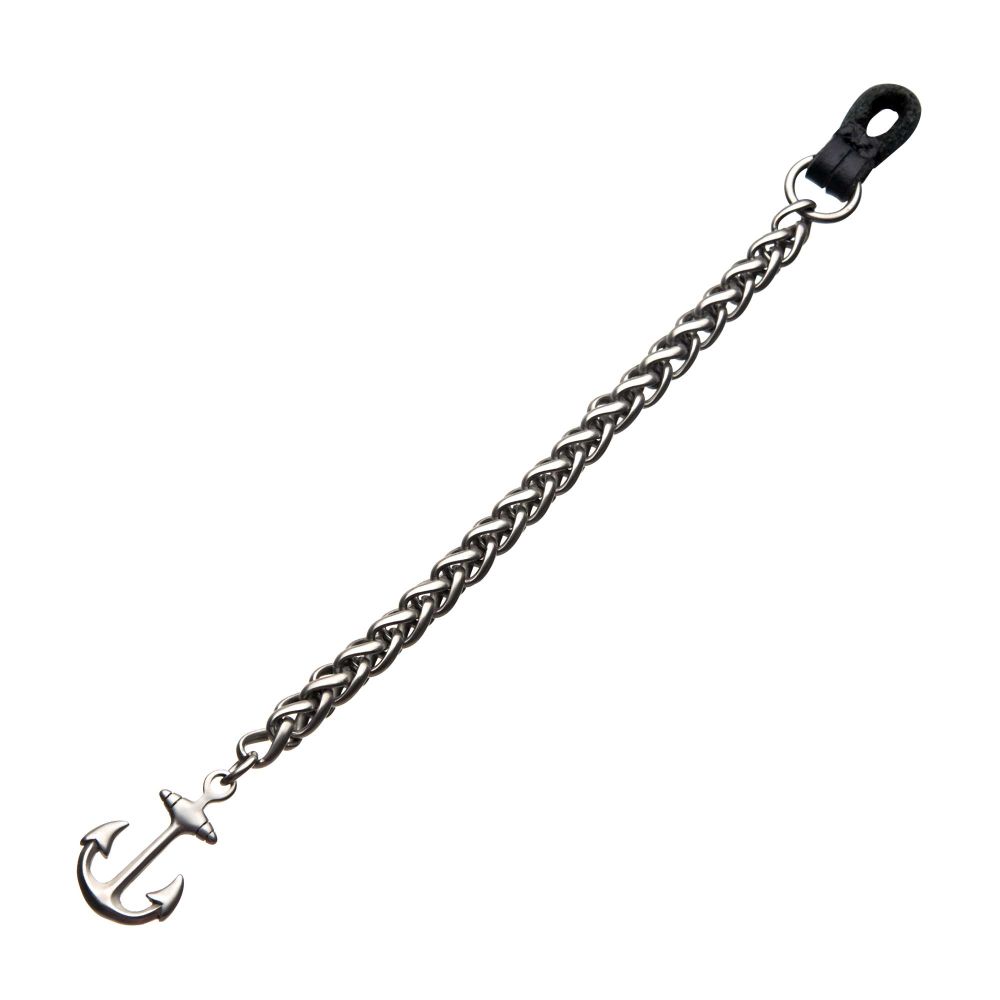 Stainless Steel & Antiqued Finish Anchor with Black Leather Chain Bracelet