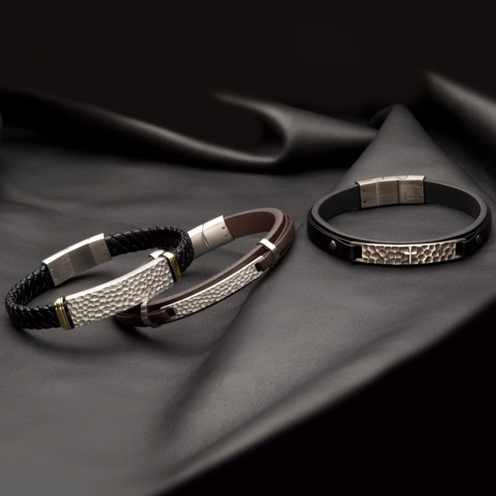 Black Leather Strapped with Cross Hammered ID Bracelet