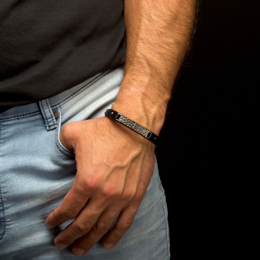 Black Leather Strapped with Cross Hammered ID Bracelet