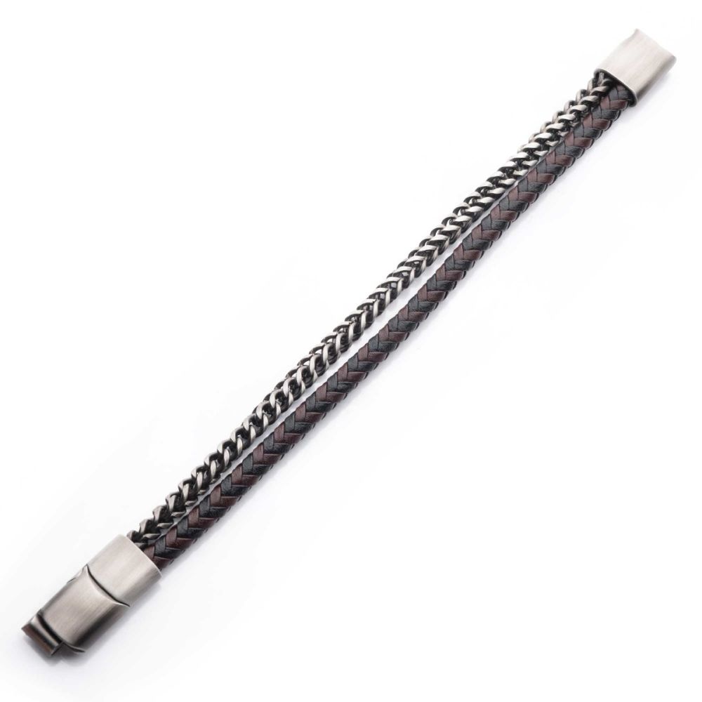 Multi Strand Leather and Stainless Steel Foxtail Chain Stacking Duo Bracelet