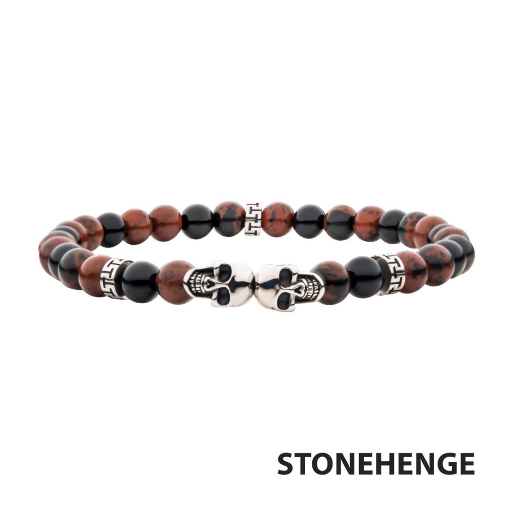 Steel Skull Beads with Genuine Mahogany Obsidian Stone Beads Bracelet