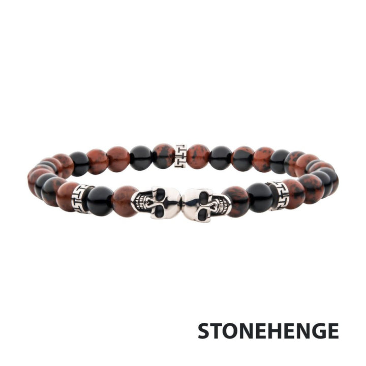 Steel Skull Beads with Genuine Mahogany Obsidian Stone Beads Bracelet