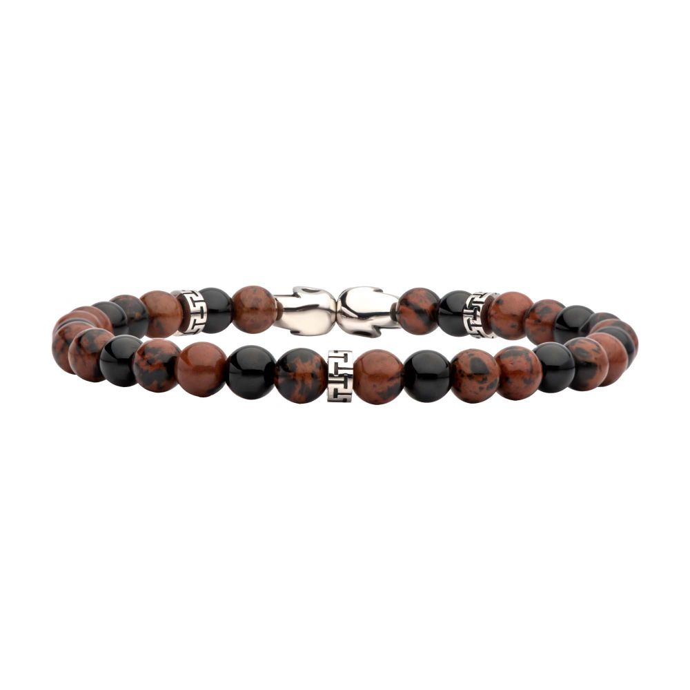 Steel Skull Beads with Genuine Mahogany Obsidian Stone Beads Bracelet