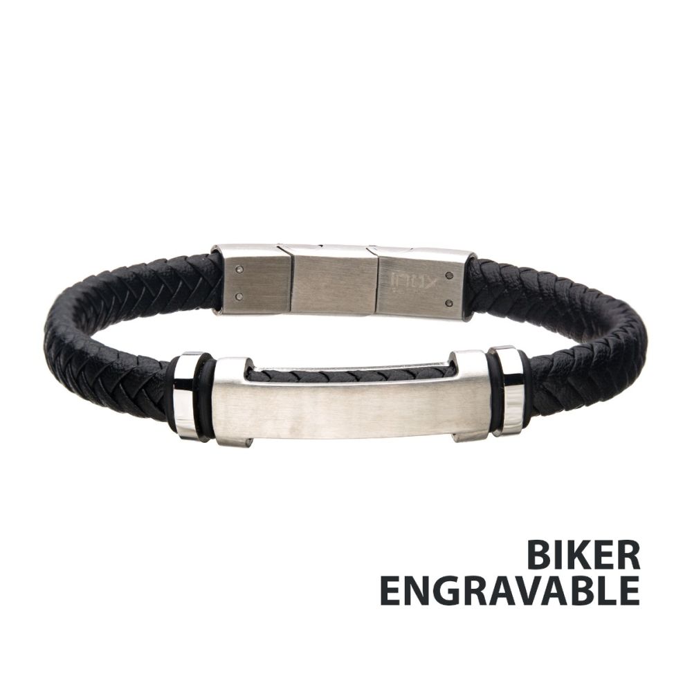 Black Leather with Stainless Steel Beads & Engravable ID Bracelet