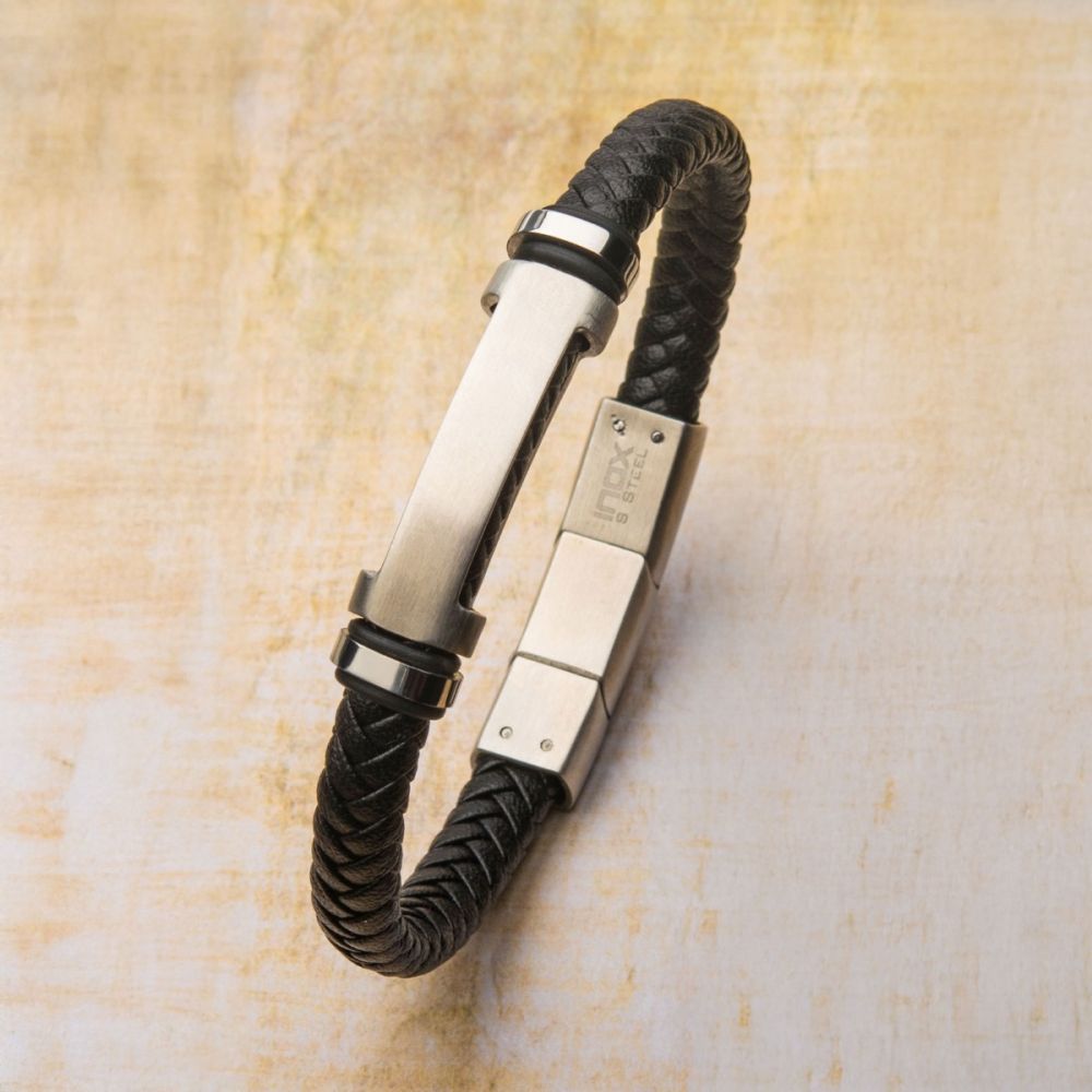 Black Leather with Stainless Steel Beads & Engravable ID Bracelet