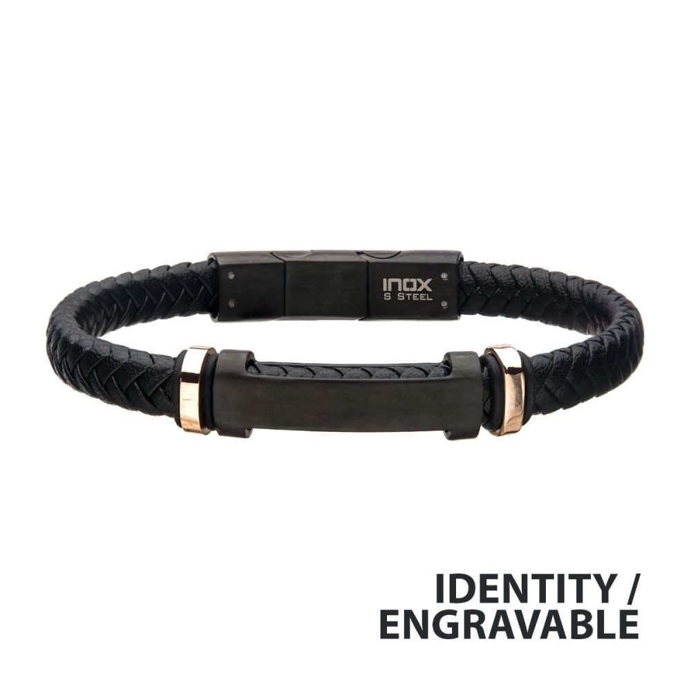 Black Leather with Rose Gold IP Beads & Black IP Engravable ID Bracelet
