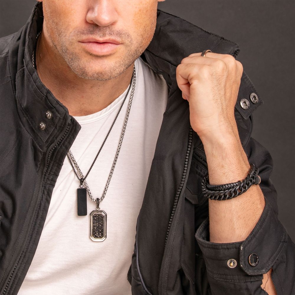 Black Leather with Rose Gold IP Beads & Black IP Engravable ID Bracelet