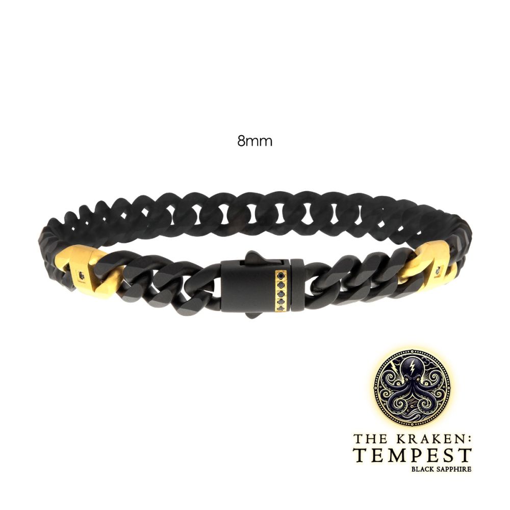  8mm Black IP Steel Matte Finish Miami Cuban Chain Bracelet with Genuine Black Sapphire Gem