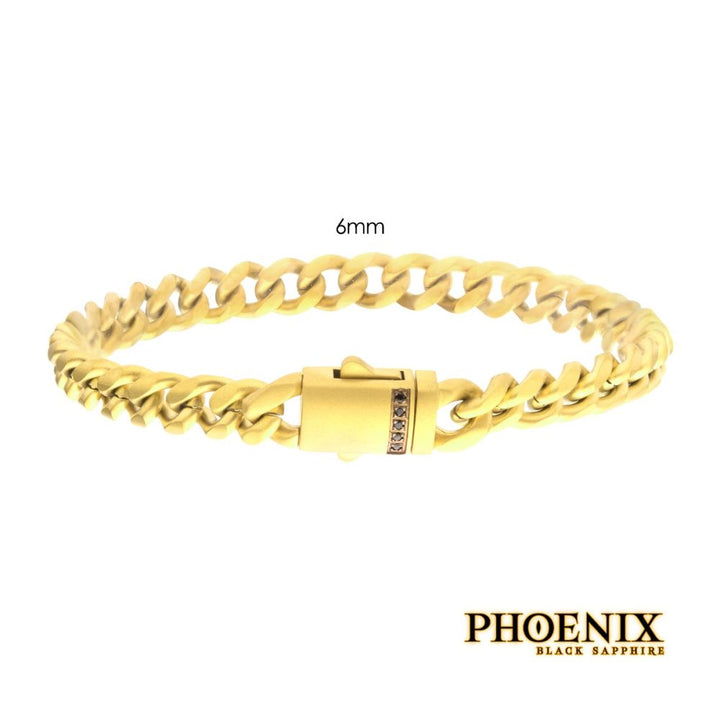 6mm 18Kt Gold IP Steel Matte Finish Miami Cuban Chain Bracelet with Genuine Black Sapphire