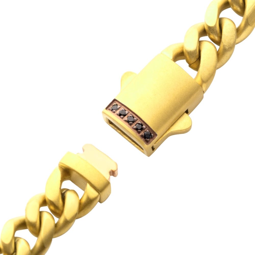 8mm 18Kt Gold IP Steel Matte Finish Miami Cuban Chain Bracelet with Genuine Black Sapphire