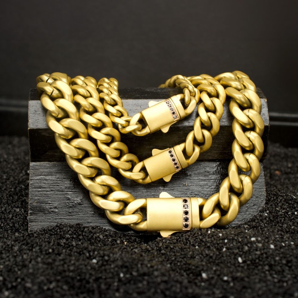 6mm 18Kt Gold IP Steel Matte Finish Miami Cuban Chain Bracelet with Genuine Black Sapphire