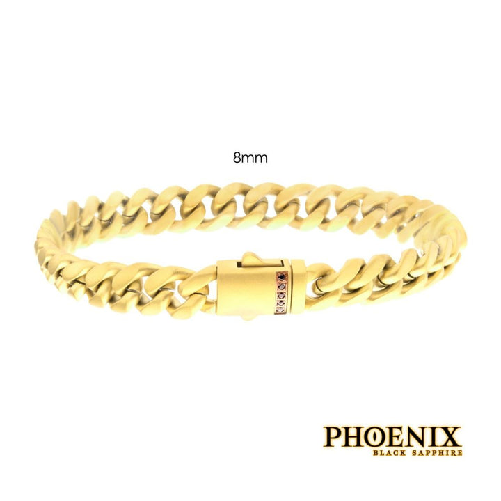 8mm 18Kt Gold IP Steel Matte Finish Miami Cuban Chain Bracelet with Genuine Black Sapphire