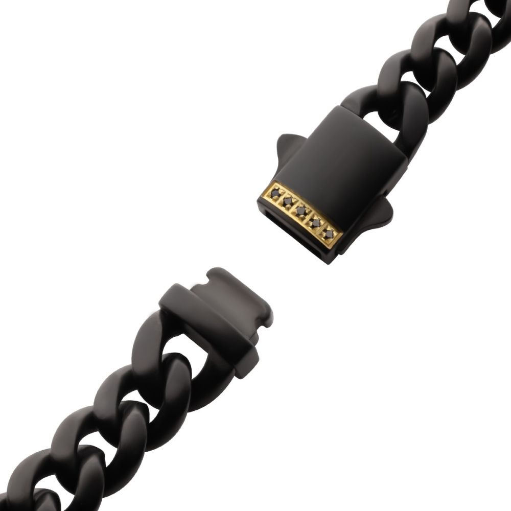 8mm Black IP Steel Matte Finish Miami Cuban Chain Bracelet with Genuine Black Sapphire Gem