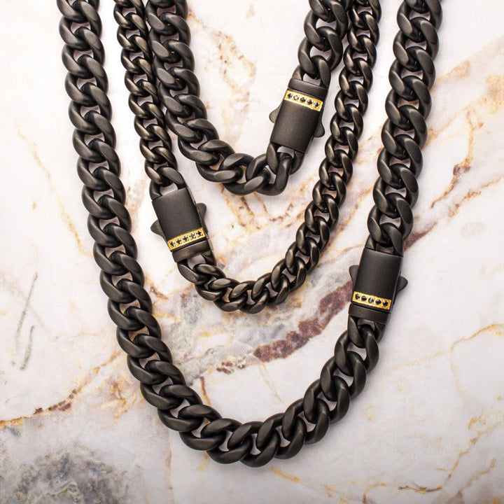 8mm Black IP Steel Matte Finish Miami Cuban Chain Bracelet with Genuine Black Sapphire Gem