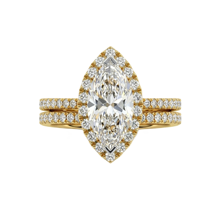 2.00 ctw Lab-Grown Diamond Engagement Ring Set | 14K Yellow Gold | 1.50 ct Marquise Center | Halo Split Shank Bridal Set - Brownee Jewelers