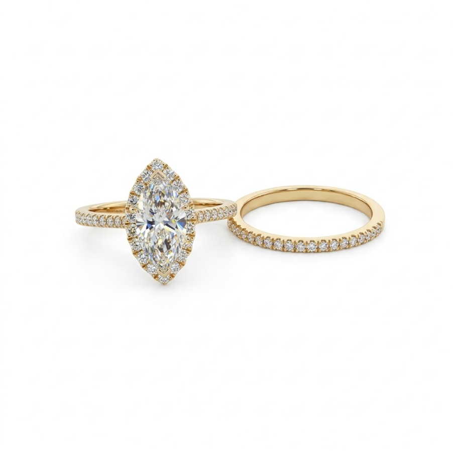 2.00 ctw Lab-Grown Diamond Engagement Ring Set | 14K Yellow Gold | 1.50 ct Marquise Center | Halo Split Shank Bridal Set - Brownee Jewelers