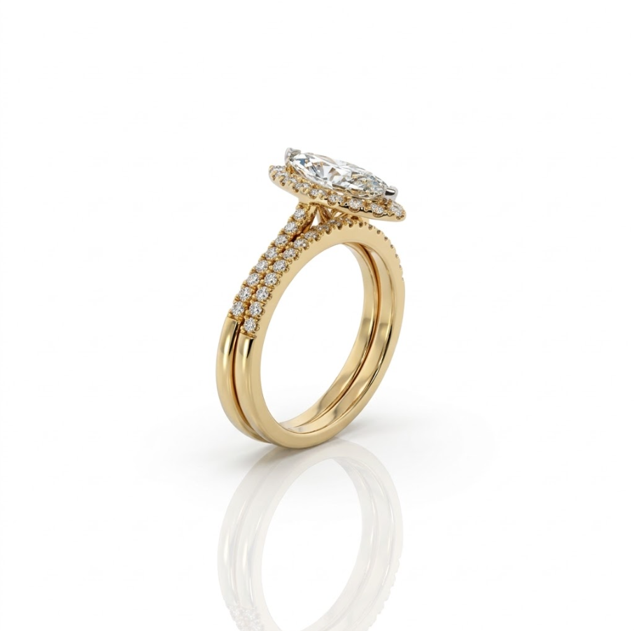 2.00 ctw Lab-Grown Diamond Engagement Ring Set | 14K Yellow Gold | 1.50 ct Marquise Center | Halo Split Shank Bridal Set - Brownee Jewelers