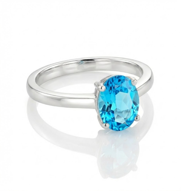 Oval Blue Topaz Solitaire Ring | 14K White Gold | 8×6 mm | Size 7 | - Brownee Jewelers