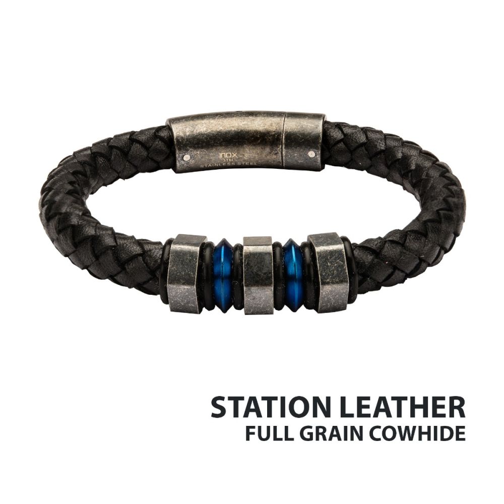 Black Braided Full Grain Cowhide Leather with Steel Blue IP & Gray Beads Bracelet