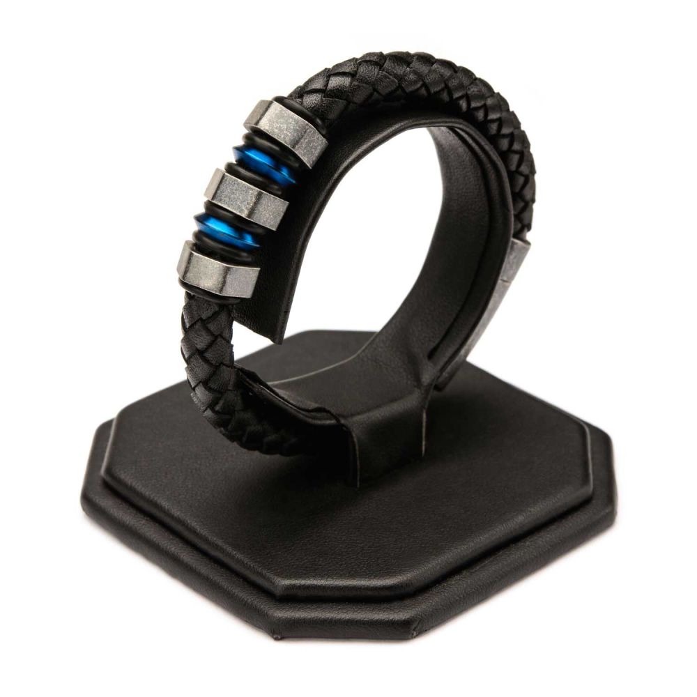 Black Braided Full Grain Cowhide Leather with Steel Blue IP & Gray Beads Bracelet