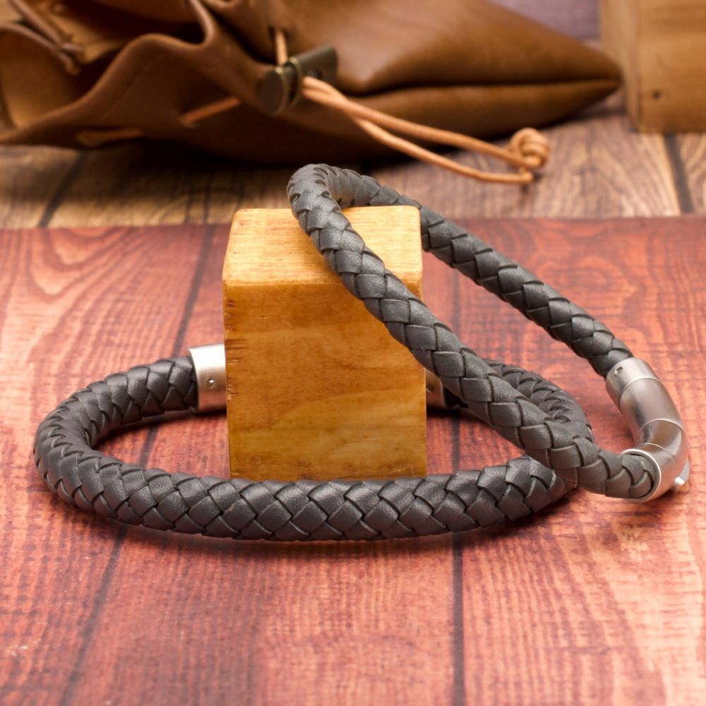 6mm Grey Genuine Full Grain Cowhide Leather Bracelet