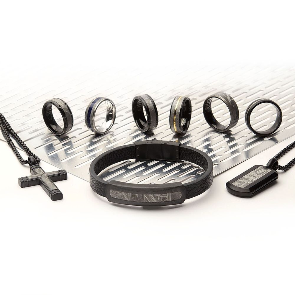 Carbon Fiber Meteorite Inlay Black Leather Bracelet