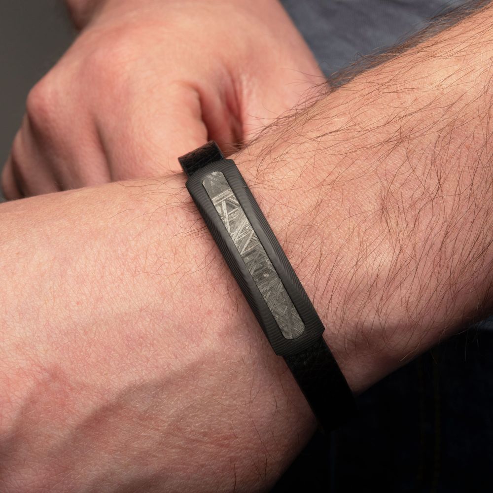 Carbon Fiber Meteorite Inlay Black Leather Bracelet