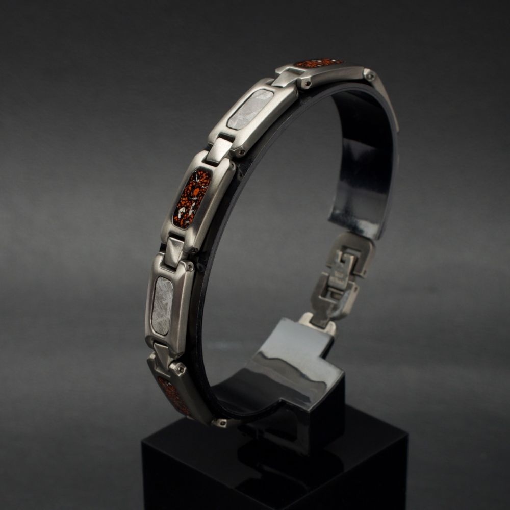 Gun Metal IP Steel Matte Finish Meteorite & Black Dinosaur Bone Inlay Link Bracelet