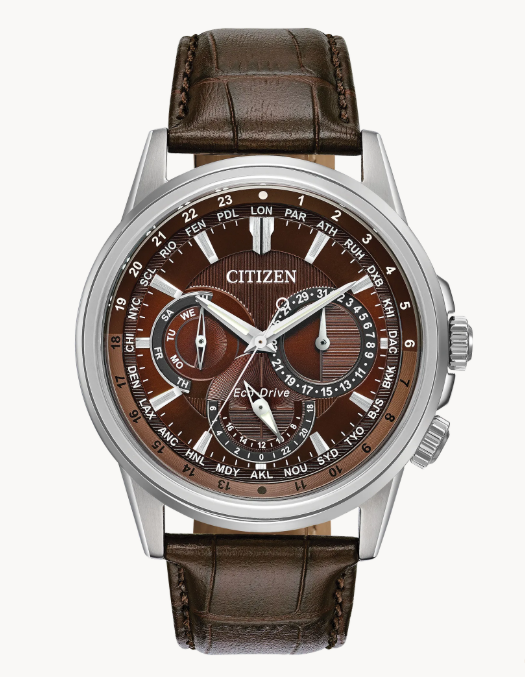 Citizen Calendrier | Men's Eco-Drive Watch | Stainless Steel | Brown Dial | Chocolate Brown Leather Strap | World Time | BU2020-29X - Brownee Jewelers