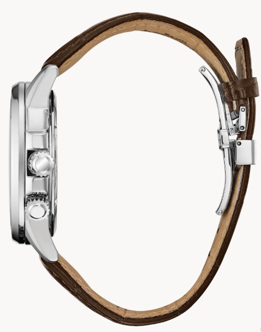 Citizen Calendrier | Men's Eco-Drive Watch | Stainless Steel | Brown Dial | Chocolate Brown Leather Strap | World Time | BU2020-29X - Brownee Jewelers