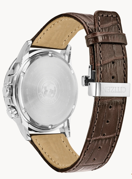 Citizen Calendrier | Men's Eco-Drive Watch | Stainless Steel | Brown Dial | Chocolate Brown Leather Strap | World Time | BU2020-29X - Brownee Jewelers