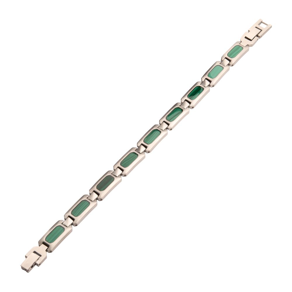 Matte Finish Stainless Steel Malachite Stone Inlay Sizeable Link Bracelet
